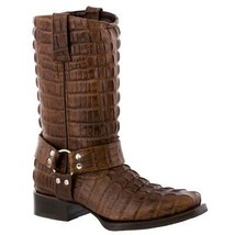 Mens Motorcycle Western Leather Boots Crocodile Tail Print Brown Biker Harness - £152.23 GBP