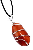 Carnelian Pendant Necklace Gemstone Wire Wrapped Tumble Stone Cord Lace - £5.08 GBP