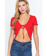 Red Short Sleeve Variegated Rib Front Tie Cardigan - £6.39 GBP