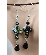 porcelain ceramic floral cross earrings, long bead drop dangles handmade jewelry - $127.20 MXN