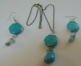 Vintage Silver-tone Faux Turquoise Pendant Necklace &amp; Hook Earrings - £18.97 GBP