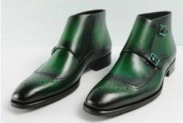 Men Handmade Army Double Monk Straps with Brogues Leather Boots, Men foo... - $179.99