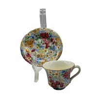 Vintage Flat Demitasse Cup &amp; Saucer Sussex Cherry Chintz by Erphila Germany - $37.39