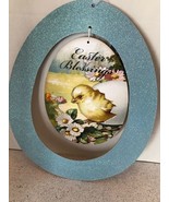 Easter Blessings Egg Shaped Hanging Sign Decor Blue Chick 11” Ht 10” W - $17.24 CAD