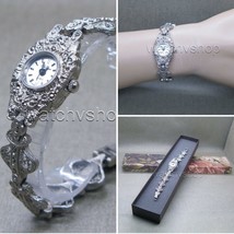 Women Jewelry Watch Silver Color Marcasites Stones Brass Quartz Watch Gift LM07 - £21.22 GBP