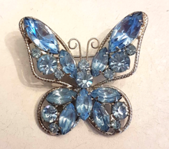 Blue Butterfly Pin 1.5 inch Crystal Navette Rhinestone BROOCH - £62.67 GBP