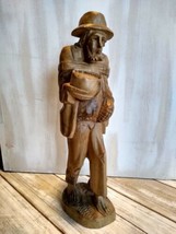 Vintage Carved Wooden Figure  Of An Elderly Man and His Dog Walking Barefoot  - £9.03 GBP