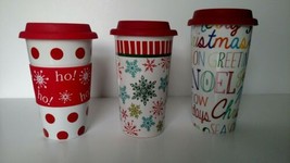3 Travel ToGo Ceramic Coffee Mug CHRISTMAS Holiday Silicone lids 1Non-Sl... - $21.49