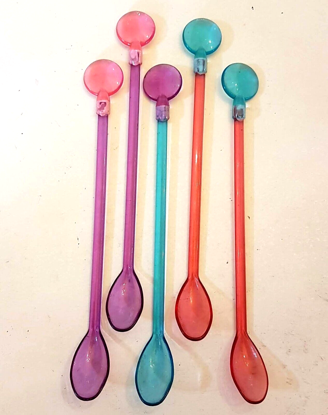 Primary image for Ice Cream Smoothie Float Spoon LOT Colorful Plastic Disc Iced Tea Coffee Stirrer