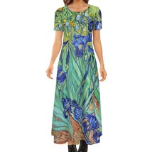 Woman Van Gogh Irises Short Sleeve Round-neck Long Dress (Size 2XS to 8XL) - $34.00