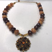 Graziano Signed Beaded Faux Amber Acrylic Necklace With Pendant RARE Vin... - £44.84 GBP