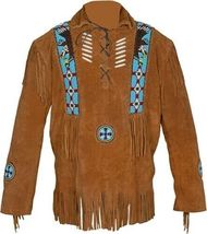 Men's Western Brown Suede Leather Fringe Beaded Mountain Man Pullover Shirt M275 - £109.34 GBP+
