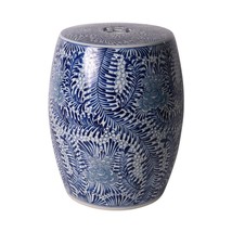 Blue and White Porcelain Floral Feather Leaf Motif Garden Stool 17&quot; - £278.67 GBP