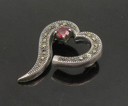 925 Sterling Silver - Vintage Garnet &amp; Marcasite Love Heart Pendant - PT19542 - £28.73 GBP