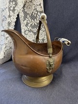 Large 11.5” Tall Vintage Copper Ash Coal Scuttle Bucket Brass Lion’s Head - $51.43