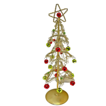 Christmas Decoration Gold Tone Metal Christmas Tree Red Green Bells Star 12&quot; - £10.10 GBP