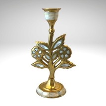 Brass Mother of Pearl Candlestick Double Daisy Flower Stem Candle Holder Vintage - £25.40 GBP