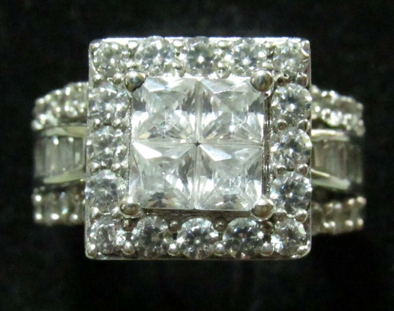 925 Sterling Silver Cubic Zirconia Frame Engagement Wedding Ring Sz 4 Bridal Set - $249.99
