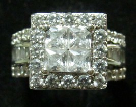 925 Sterling Silver Cubic Zirconia Frame Engagement Wedding Ring Sz 4 Bridal Set - £199.79 GBP