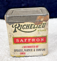 Tiny Richelieu Saffron Spine Tin Paper Over Metal Label Sprague Warner 1... - $9.41