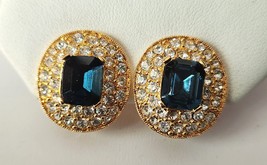 Clip On Earrings Deep Blue Navy and Crystals Gold Tone Setting Vintage 1... - $34.95