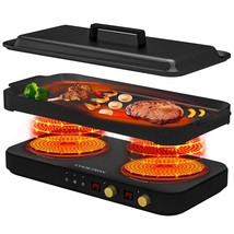 Portable Induction Cooktop 2 Burner With Removable Iron Cast Griddle Pan... - £318.15 GBP