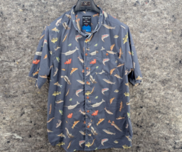 Kavu Men&#39;s Large Short Sleeve Button Up Shirt Fish Print Wicking gray - $34.99