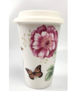 Lenox Butterfly Meadow Travel Mug 10 oz Ceramic Floral Thermal Lid Coffe... - $239.71 MXN