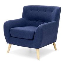 Dark Blue Linen Upholstered Tufted Armchair with Modern Mid-Century Styl... - £255.57 GBP
