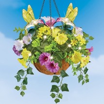 LED Solar Lighted Hummingbird Hanging Basket Spring Flowers Patio Garden Decor - £27.76 GBP