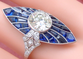Estate Art Deco 2.3ct Diamond Sapphire Platinum Marquise Statement Cocktail Ring - £23,284.23 GBP