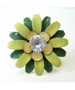 Green Flower Power RING Enamel Over Metal Adjustable Daisy Rhinestone Ce... - $14.00