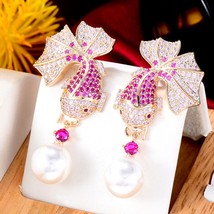 Bohemian Fish Pearl Earrings For Women Wedding Miami Prong Cuban Chain Link Cubi - £40.39 GBP