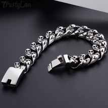 Gothic Skull Bracelets For Men Shiney Stainless Steel Skeleton Link Chain Men's  - £28.54 GBP