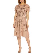 Adrianna Papell Womens Elegant Beaded Flutter Sleeve Midi Dress Rose Gold Size 8 - £97.29 GBP