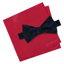 TOMMY HILFIGER Blackwatch Tartan Self Bow Tie Red Pin Dot Pocket Square ... - $24.99
