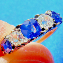 Earth mined Diamond Sapphire Cushion cut Deco Ring Antique Wedding Band 14k Gold - £5,317.78 GBP