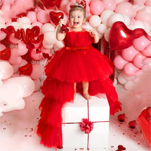 Baby Girls Red Trailing Bow Lace Princess Dress Elegant Party Wedding 2 8 Years  - £52.13 GBP+