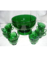 Vintage Anchor Hocking Forest Green Glass Complete Punch Bowl Set Base &amp;... - €136,78 EUR