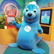 Cyan Sea Lion mascot costume character dressed with a A-Line Skirt and Digital w - $1,259.00