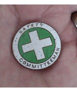 GREEN CROSS Safety Committeeman Old Brass &amp; Enameled Round Brooch Lapel Pin - $9.31 CAD