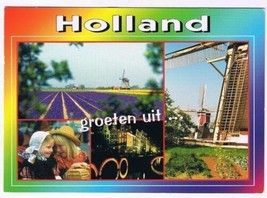 Holland Netherlands Postcard Multi View Windmills Flowers Children - $2.96