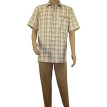 Men 2pc Walking Leisure Suit Short Sleeves By DREAMS Checker 282-03 Tan image 2