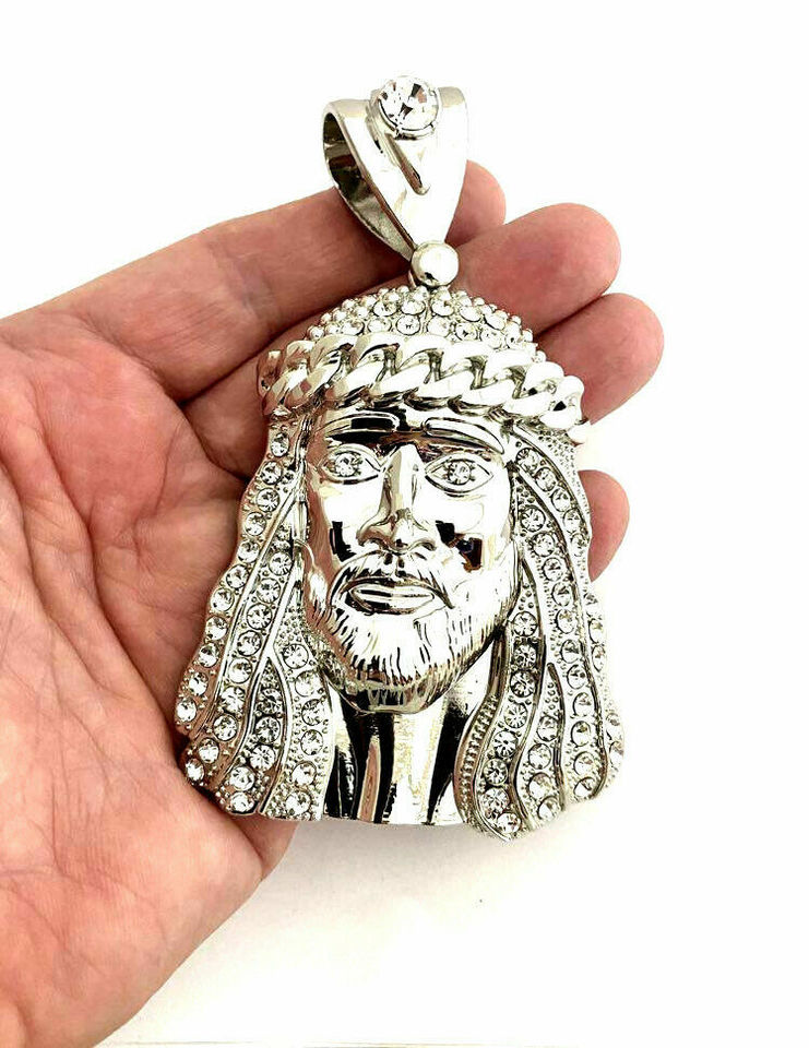 Large Silver Iced CZ Bling Jesus Head Piece Pendant Charm for Chain Necklace - $19.79