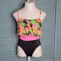 Palm Point Vintage Blouson One-Piece Swimsuit ~ Sz 10 ~ Black Pink Floral - $26.99