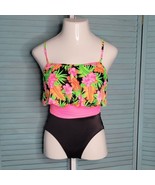 Palm Point Vintage Blouson One-Piece Swimsuit ~ Sz 10 ~ Black Pink Floral - £21.62 GBP