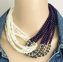 Purple White Smoky Topaz Glass and Acrylic Multi Strand Necklace - £14.36 GBP