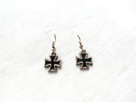 Maltese Iron Cross Black Inlay Pewter Usa Made Dangle Drop Charm Earrings - £7.82 GBP