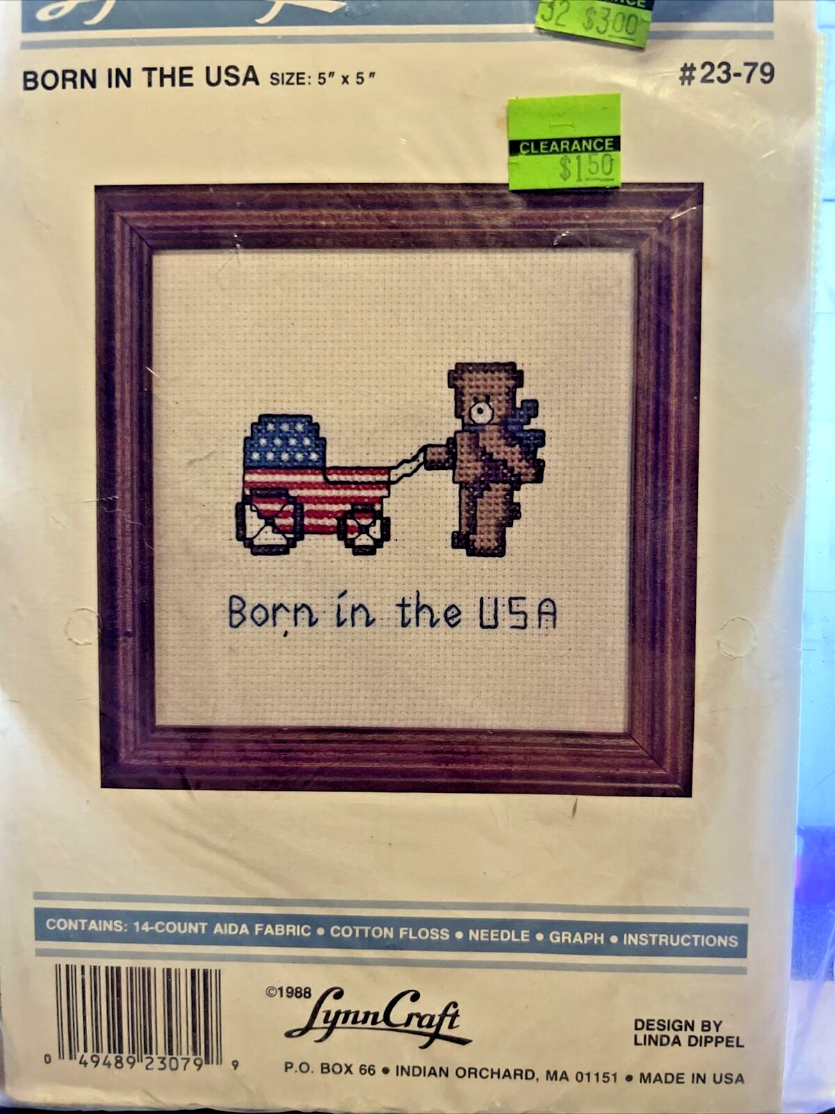 1988 Lynn Craft Cross Stitch Kit #23-79 &quot;Born in the USA&quot; Bear/Wagon  5x5 - $7.80