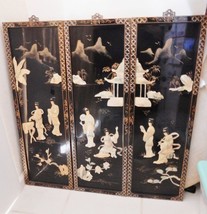 Asian Black Lacquer Mother of Pearl Wall Panels Art China Women Geisha 3... - £229.86 GBP